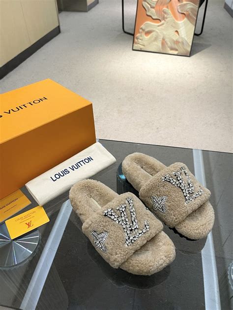 louis vuitton slides with fur|Louis Vuitton fuzzy slides.